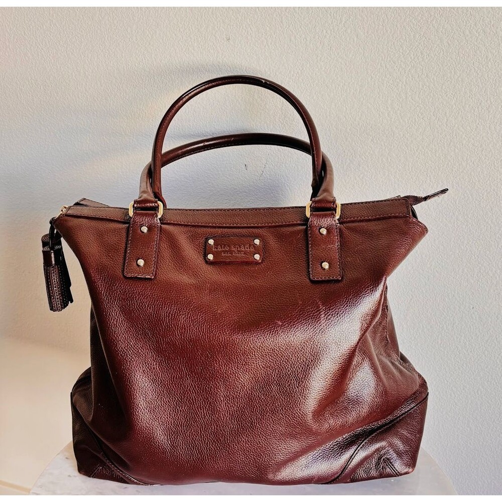 Kate Spade New York Mahogany Pebbled Leather Tote Bag with Tassels + Dustbag
